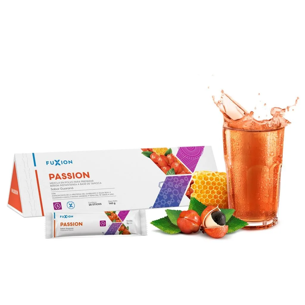 Caja PASSION de FuXion Biotech — Jugo Energizante Anti-Age con Guaraná y Jalea Real