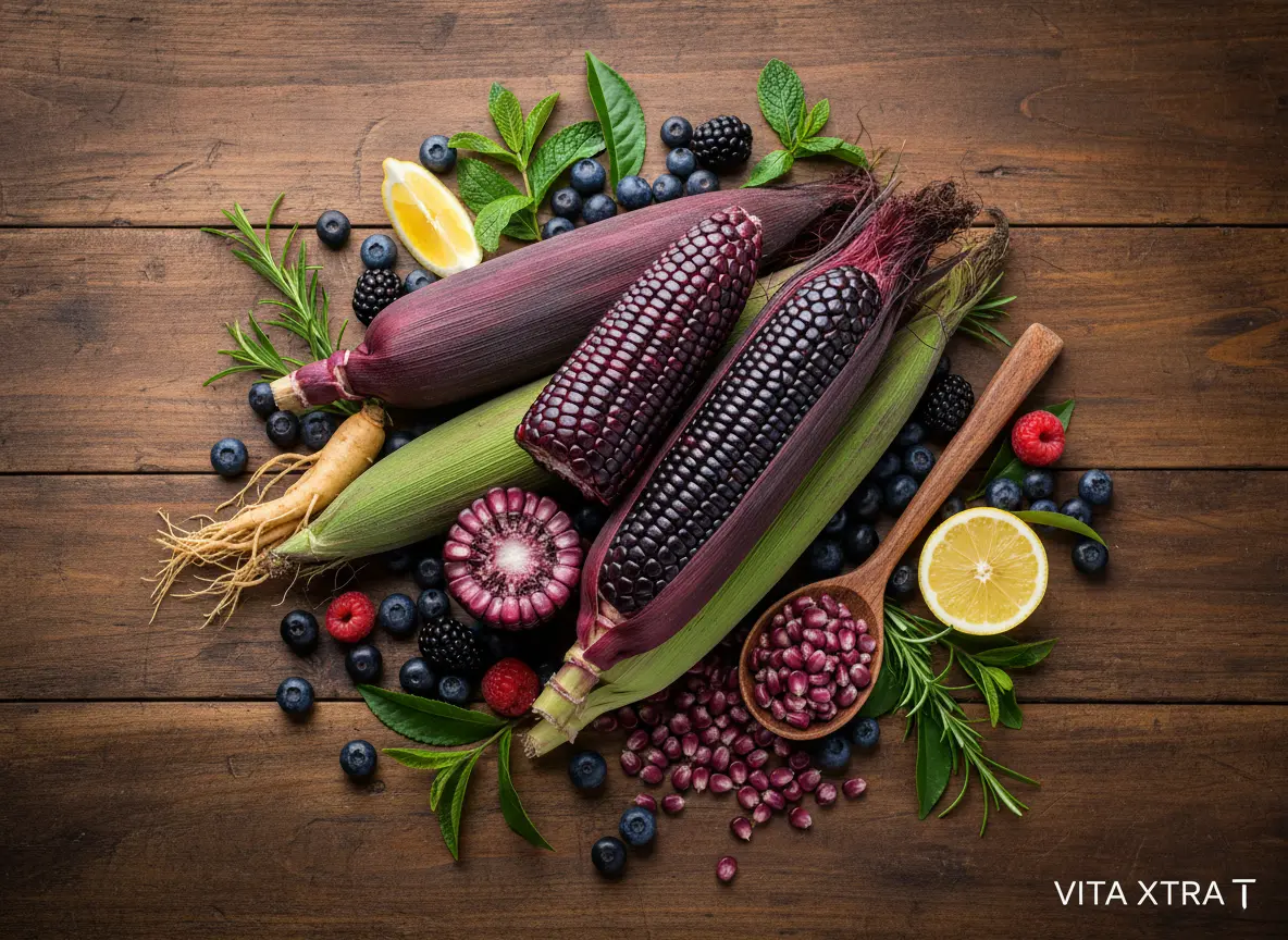 Ingredientes naturales VITA XTRA T FuXion con Maíz Morado, Açaí Berry, Ginseng, Té Verde y Limón